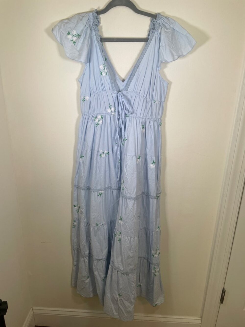 ASOS Design Blue Floral Embroidered Maxi Dress with Crochet Trim
